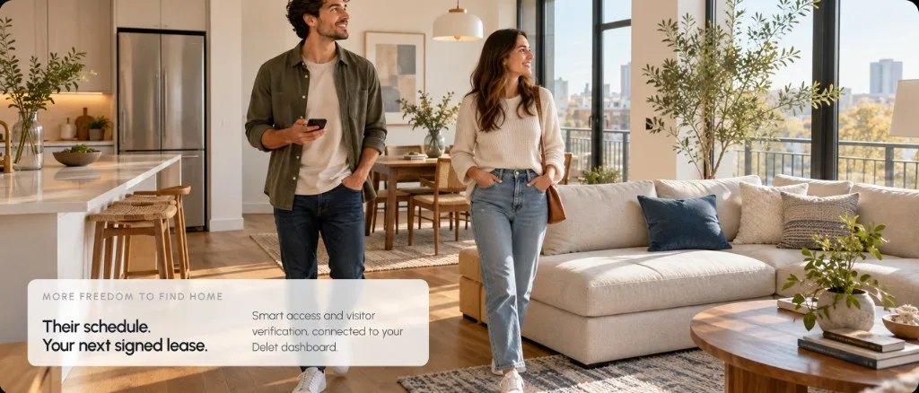 Prospects touring an apartment with Delet self-showing. More freedom to find home—their schedule, your next signed lease.