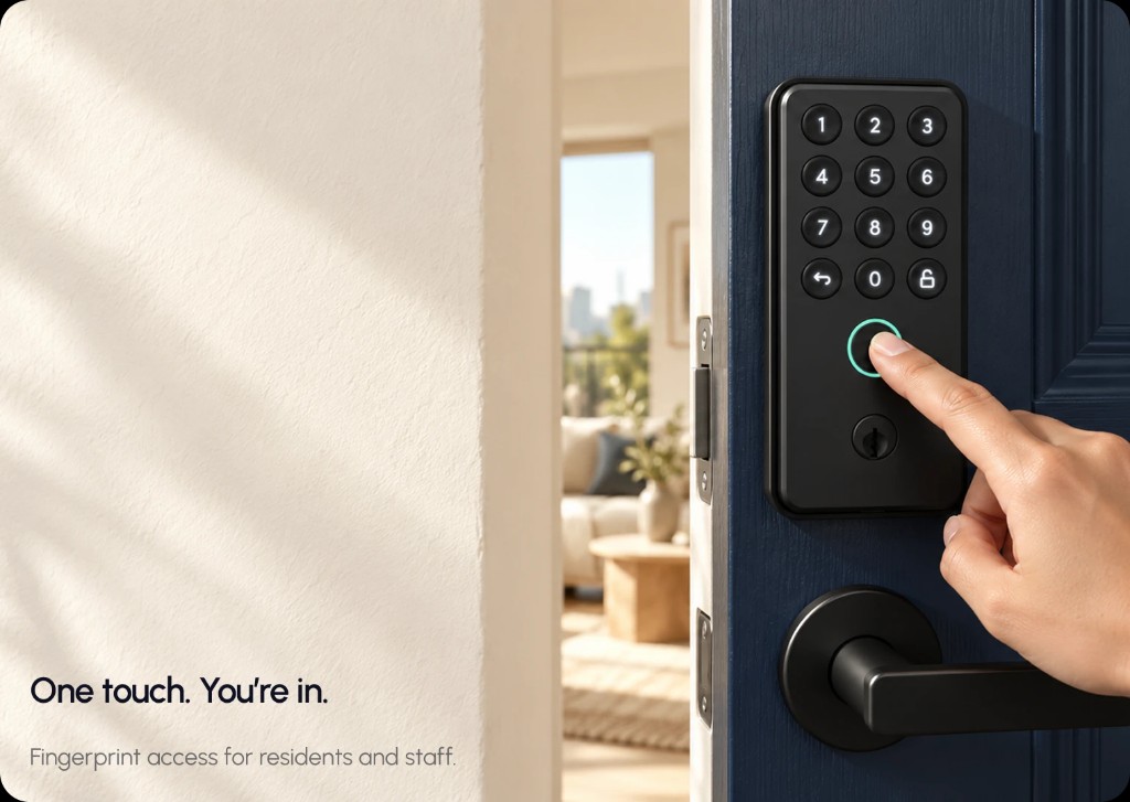 One touch. You’re in. Fingerprint access for residents and staff on a Delet smart lock.